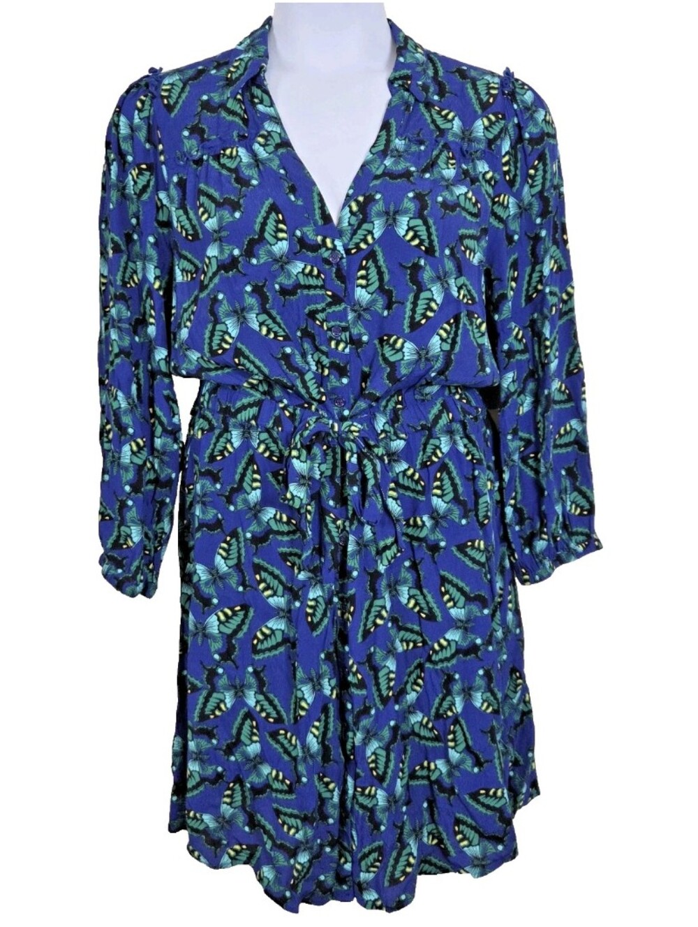 Maeve Anthropologie Women's XL Pippa Butterfly Print Shirtdress Blue Tie Waist